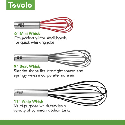 Tovolo Whisk 9 Inch Heavy Duty Silicone Wire Stainless Steel Whisker for Cooking Baking Blending Mixing Stirring Whipping Whisking, Dishwasher Safe Multi Use Classic French Wire Whisk, Charcoal Gray