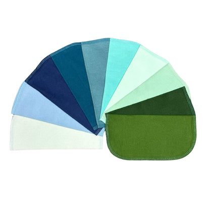 1 Ply Solid Color Flannel Wipes, 8x8 Inches, Set of 10 Assorted Blues and Greens, Made in the USA