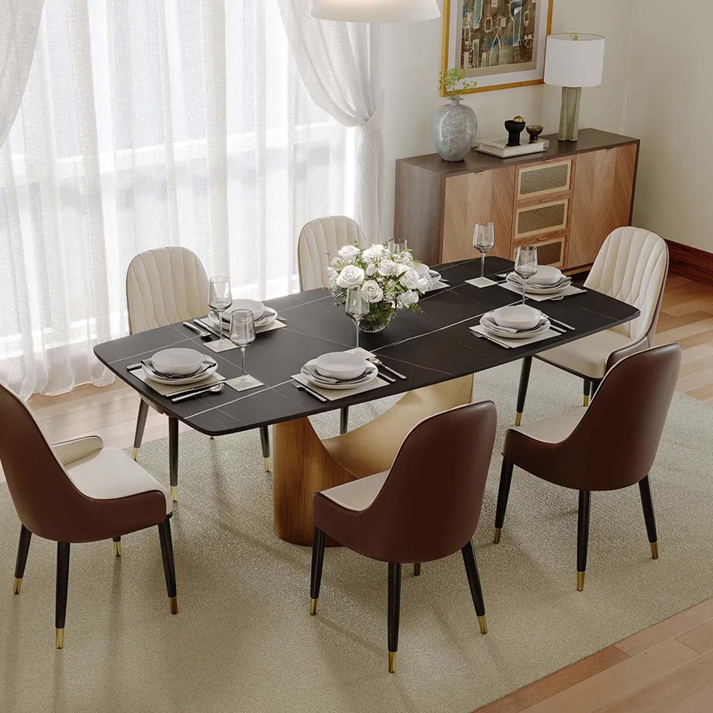 POVISON 71" Modern Dining Table for 6, Matte Black Heavy-Duty Dining Table, Sintered Stone Dining Tabletop with Bronze Carbon Steel Pedestal, 71 inch Rectangle Dining Room Table (Table Only)