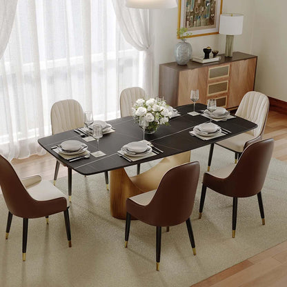 POVISON 71" Modern Dining Table for 6, Matte Black Heavy-Duty Dining Table, Sintered Stone Dining Tabletop with Bronze Carbon Steel Pedestal, 71 inch Rectangle Dining Room Table (Table Only)
