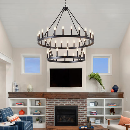 VBKK Black Wagon Wheel Chandelier 2 Tier 36-Light, 48-Inch Large Farmhouse Industrial Chandelier Round Rustic Pendant Light Fixture for High Ceilings Foyer, Entryway, Dining Room, E12