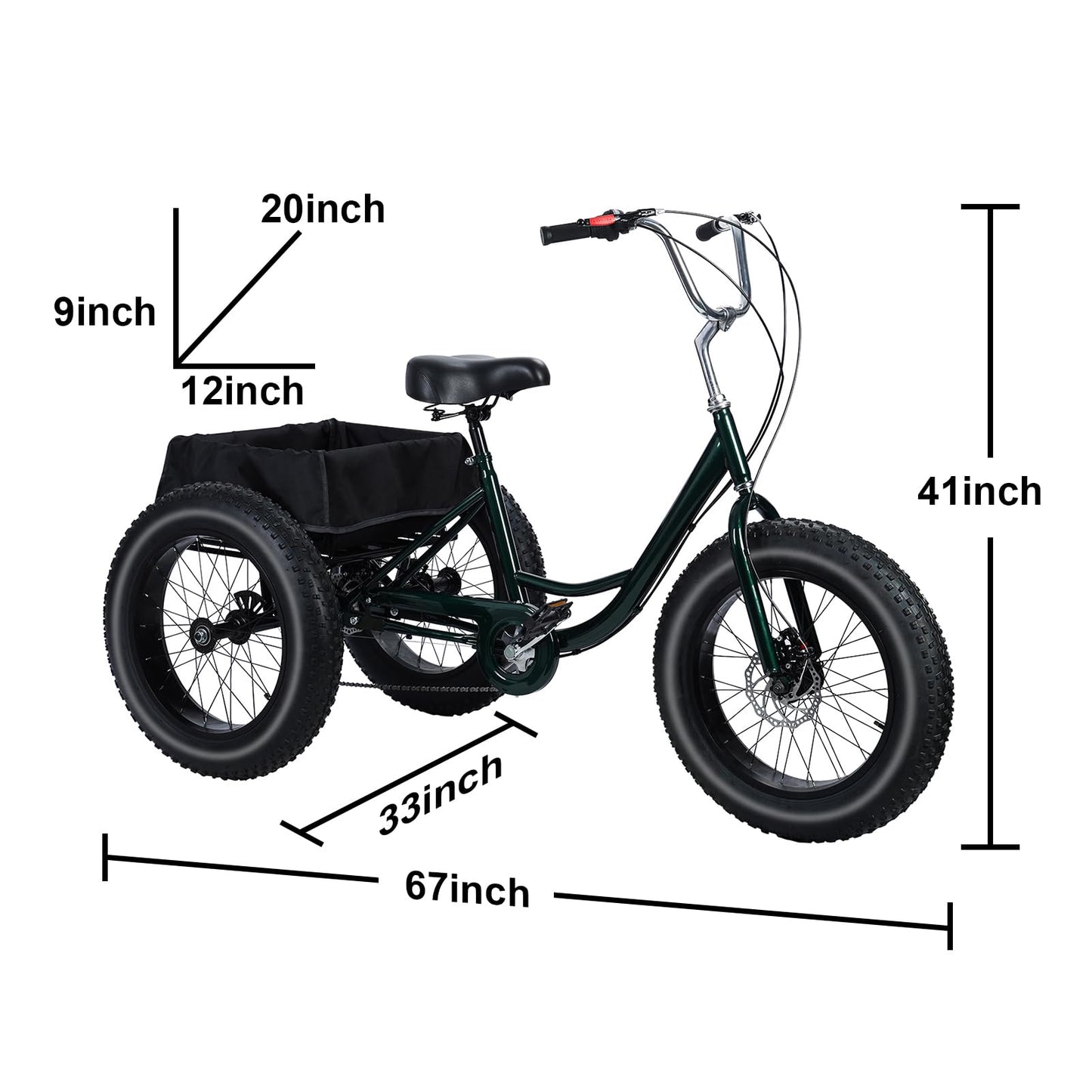 Yirtree 20 Inch Fat Tire Adult Tricycle, 7-Speed Drift Trike with Dual Disc Brakes, Snow Tires, and Spacious Basket, 3-Wheel Bike for Seniors and All Roads Riding Snow Tire