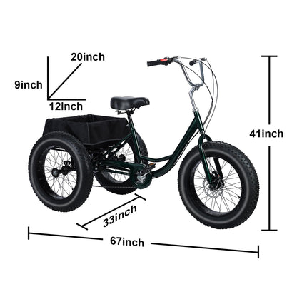 Yirtree 20 Inch Fat Tire Adult Tricycle, 7-Speed Drift Trike with Dual Disc Brakes, Snow Tires, and Spacious Basket, 3-Wheel Bike for Seniors and All Roads Riding Snow Tire