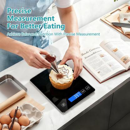 Food Kitchen Scale, Digital Food Scale 33lb/15kg Digital Kitchen Scale Precisely Measures Grams and Ounces for Meal Prep Baking and Cooking, Rechargeable 304 Stainless Steel Kitchen Scale Black