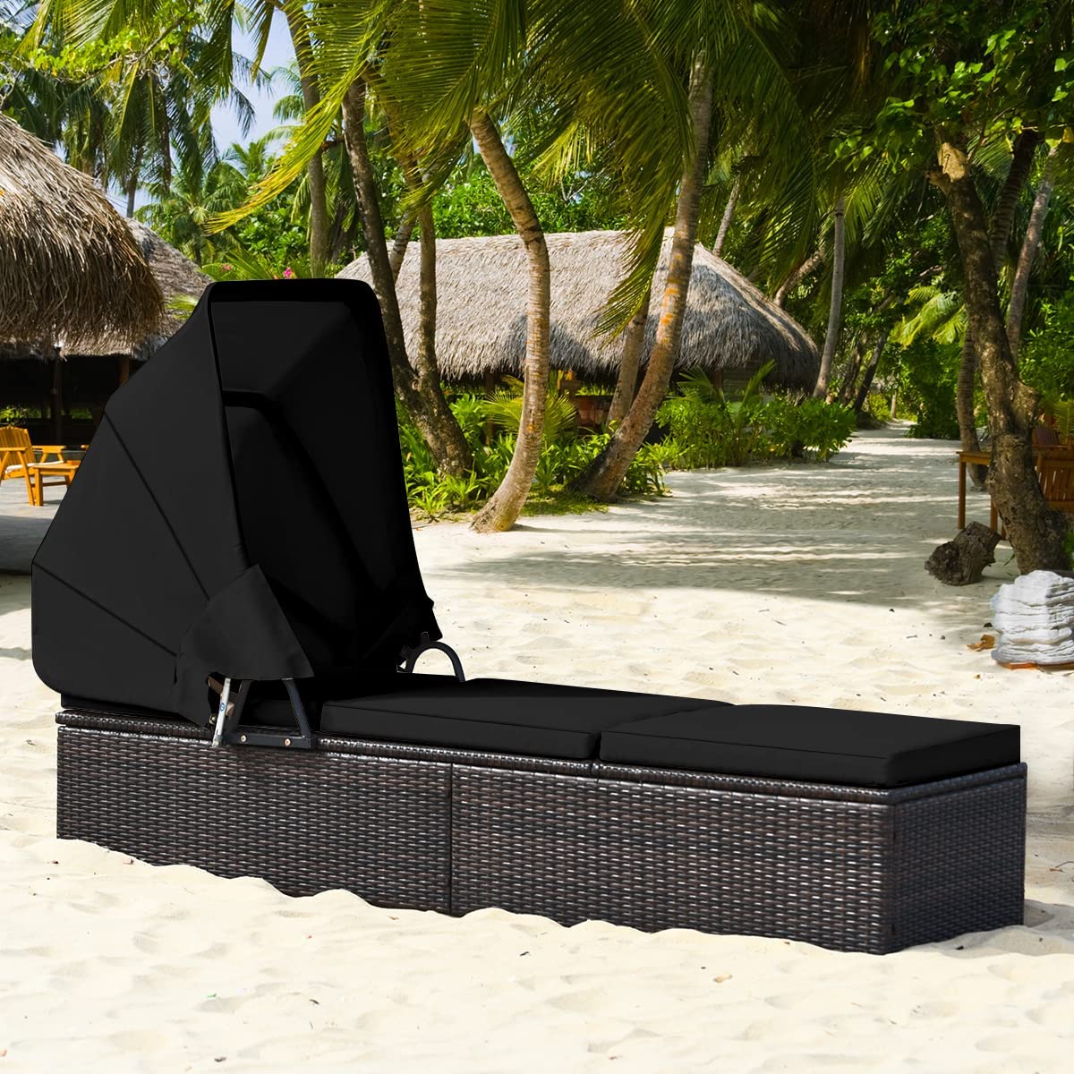 HAPPYGRILL Patio Chaise Lounge with Retractable Canopy, Outdoor Reclining Chair with Adjustable Backrest, Rattan Wicker Daybed with Coffee Table for Beach Poolside Backyard Balcony Porch