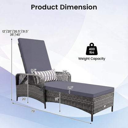 HAPPYGRILL 2PCS Patio Rattan Chaise Lounge, Outdoor PE Wicker Sun Lounger with Adjustable Backrest, Cushion & Pillow, Reclining Sunbed for Balcony Poolside Yard (Mix Gray & Gray)