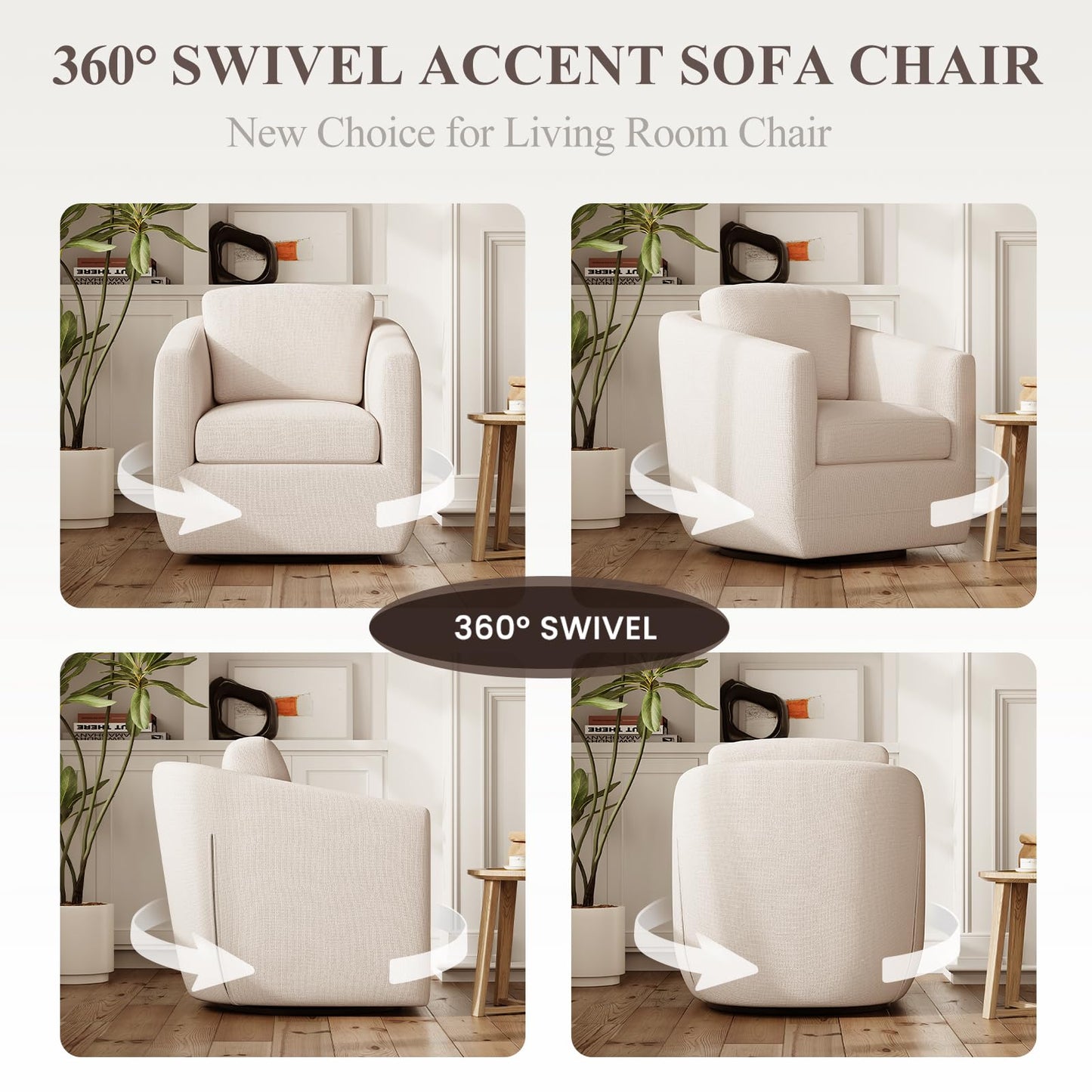 MALOL 360° Swivel Accent Chair Set of 2- Comfy Living Room Armchair No-Sag Foam & Sturdy Metal Base with Pillow, Fully Assembled Swivel Accent Single Sofa for Bedroom Living Room, Office, Beige