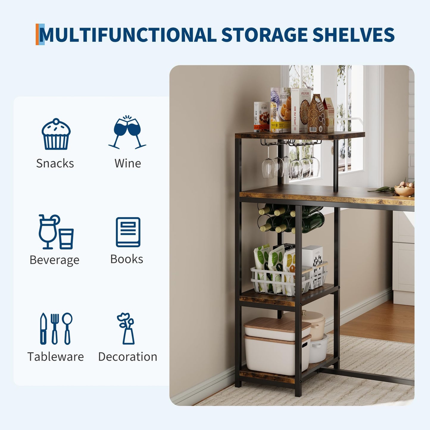 GarveeHome Bar Table and Chairs Set for 2, 3-Piece Bar Table Set with Storage Shelves, Cup Holder & Wine Rack, PU Leather Bar Stools, Small Dining Table for 2 for Kitchen, Breakfast Nook, Brown