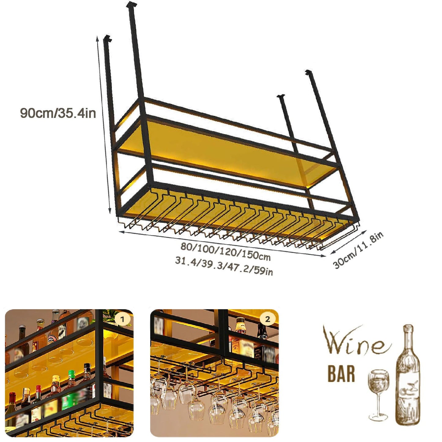 59IN Ceiling Wine Glass Rack with light, Acrylic Hanging Wine Rack with Glass Holder and Transparent Shelves, Wine Bottle Holder Goblet Stemware Racks Modern Home Bar Coffee Decor Rack (150CM)