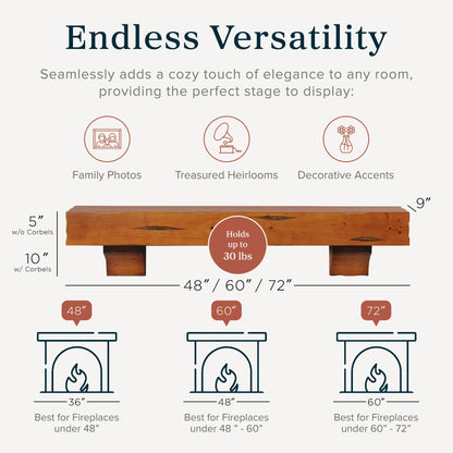 MANTELSDIRECT Breckenridge 60” Fireplace Mantel Shelf with Corbels – Rustic Floating Mantel Shelf for Over Fireplace – Chestnut - Wood Shelf for Wall – Pine Box Construction