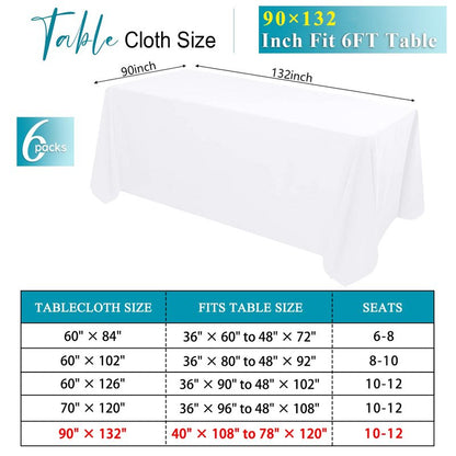 Kesfey 6 Packs White Polyester Table Cloths 90 x132 inch Rectangle High Density Tablecloth Fabric Tablecover for 6 Foot Tables Wrinkle Resistant Washable Table Cloth for Wedding Celebration Buffet