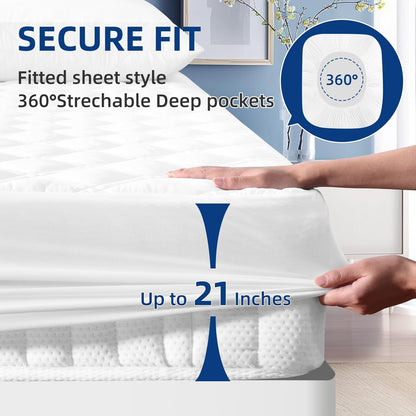 MEELUS Queen Mattress Protector - Breathable Waterproof Fitted Pad Cover | Soft, Noiseless & Washable, White