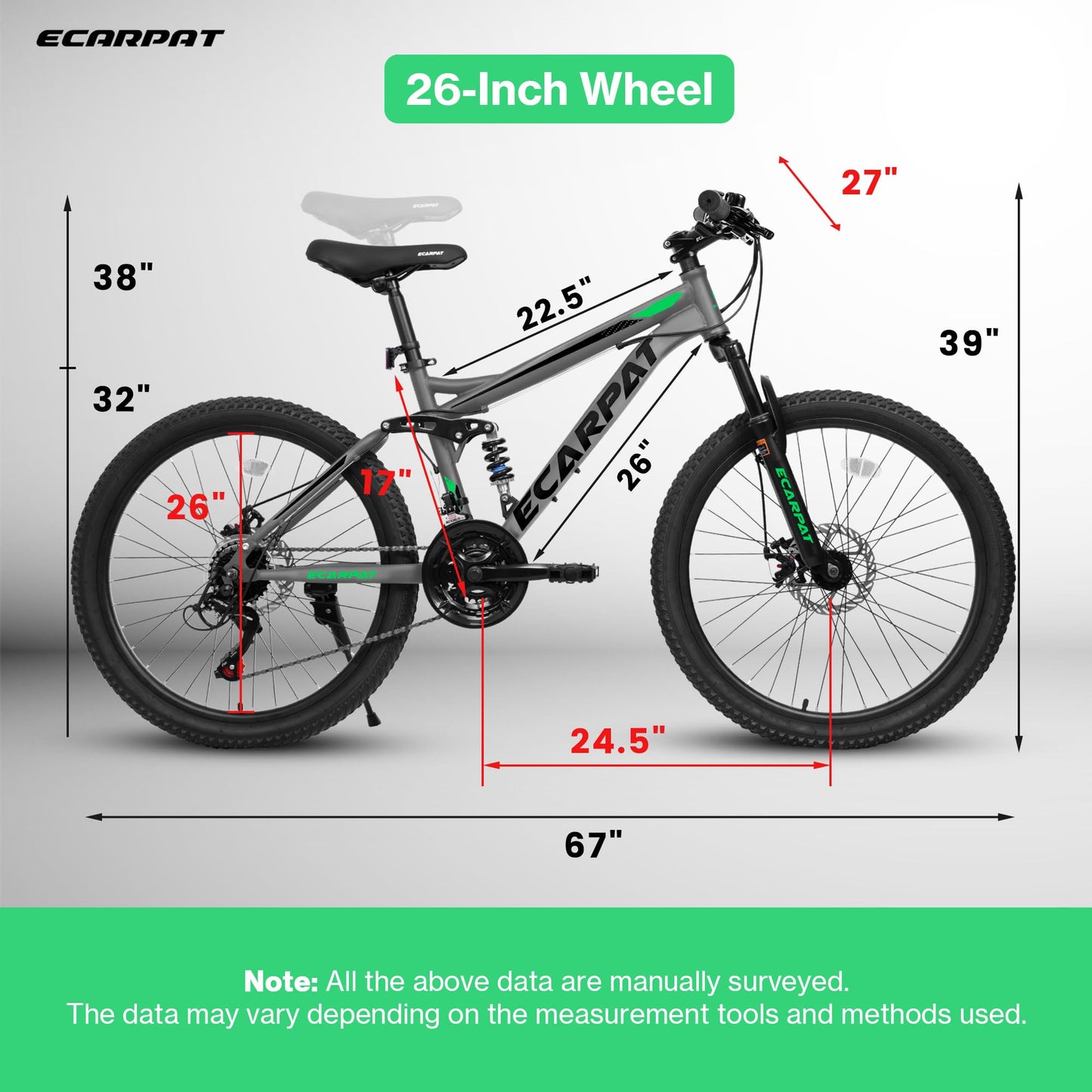 Ecarpat Full Dual Suspension 26 Inch Mountain Bike, 21-Speed Disc Brake, Front Fork Rear Shock Absorber Carbon Steel Frame Mountain Bike, Mens Womens Trail Commuter City Bicycles