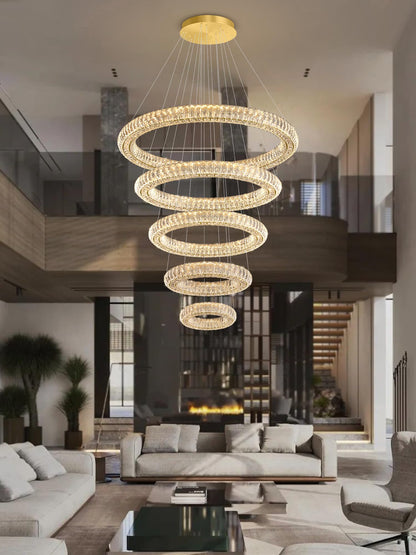 IDEQUY Large Gold Ring Chandelier for High Ceiling Modern Long Crystal Chandelier Lighting, Dimmable LED Ceiling Chandeliers,5 Ring D8‘’+15.7‘’+23.6‘’+31.5‘’+39.4''