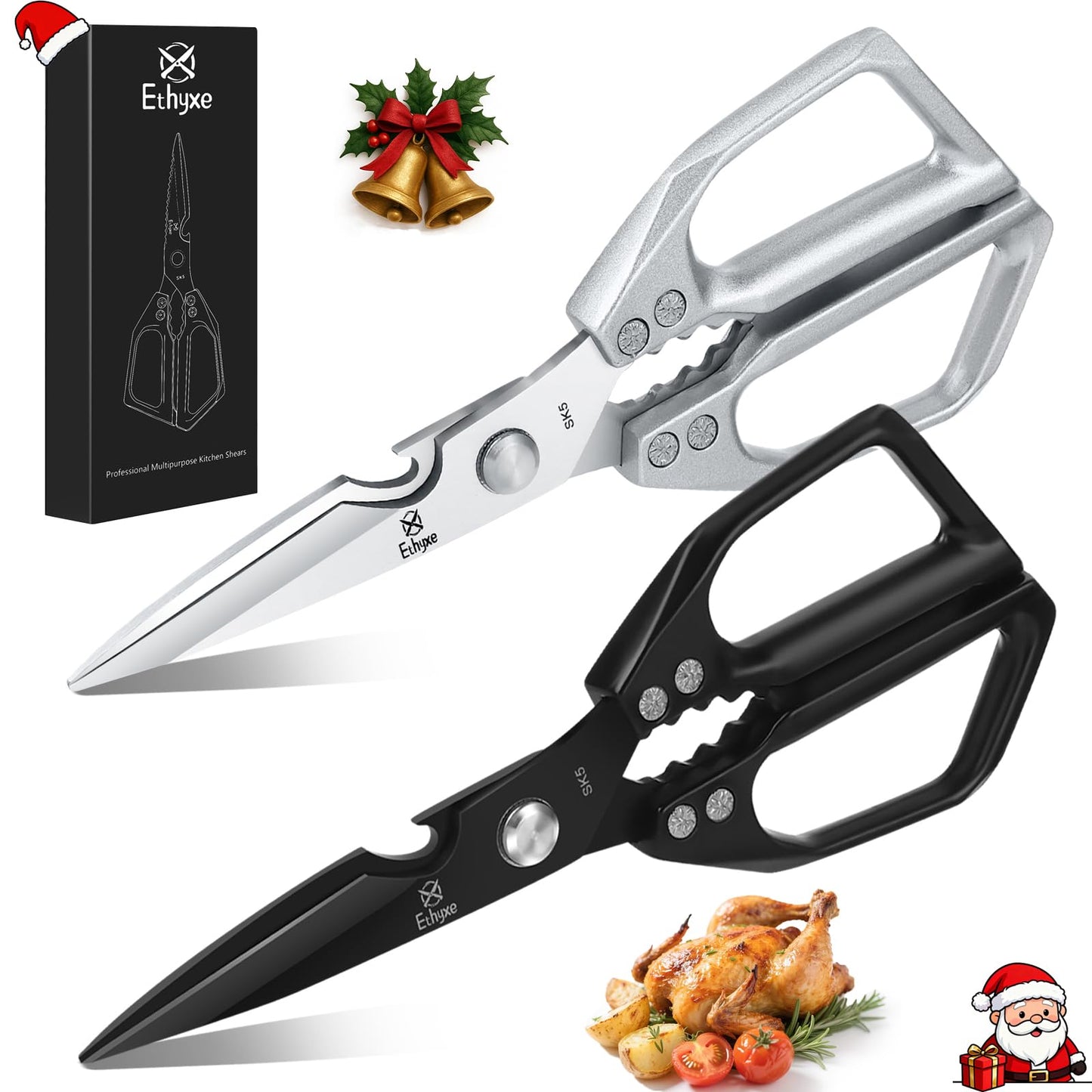 Ethyxe Kitchen Scissors Set - Heavy Duty Japanese Style, Dishwasher Safe, All Purpose Meat Cutting Shears, Sharp Food Scissors for Chicken Bones, Turkey, Fish & Vegetables
