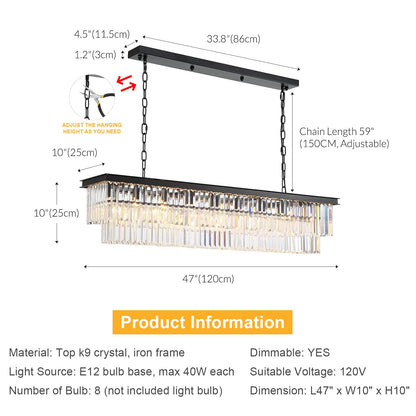 NOXARTE Rectangle Chandeliers for Dining Room, Modern Rectangular Crystal Chandelier Black 8 Lights Pendant Fixture for Kitchen Island Bar Living Room L47 Inch