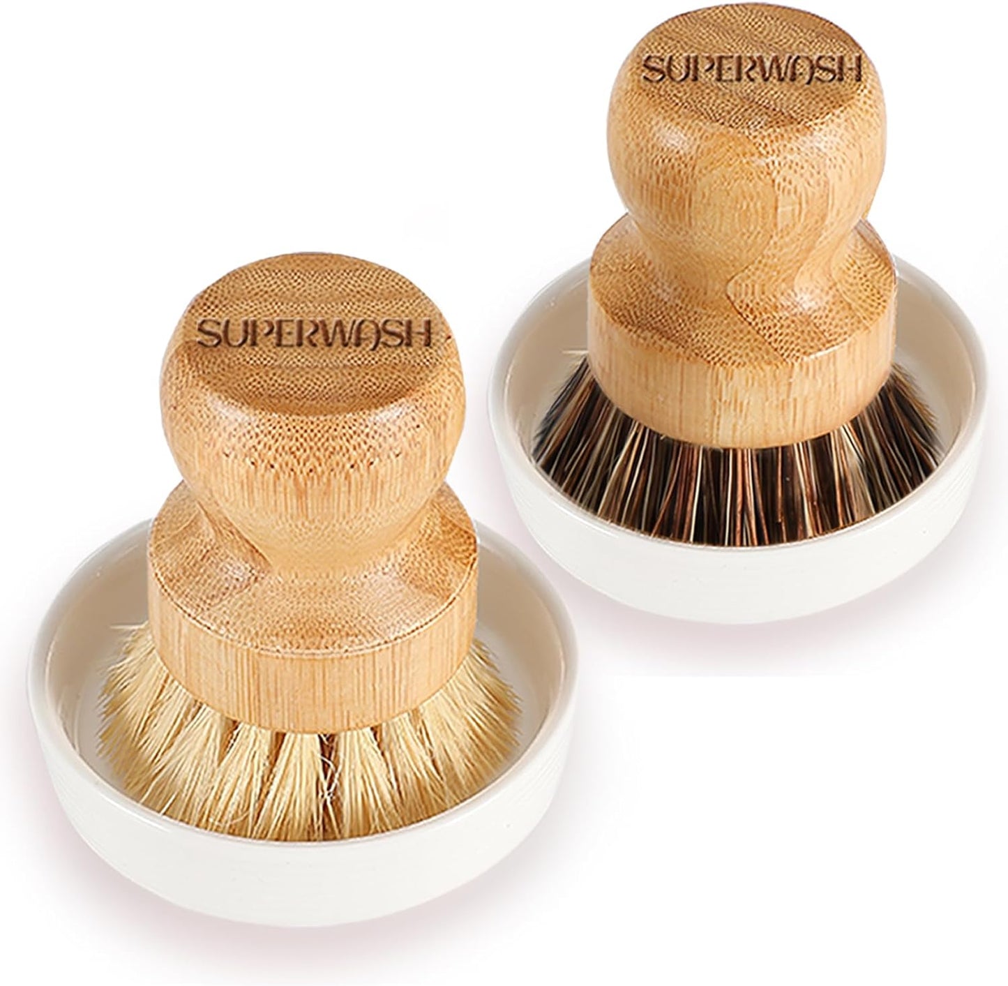 Bamboo Brush Dish Scrubber - Natural Bristles Palm Pot Brush, 2 Pack Round Mini Dish Brush for Kitchen Cleaning