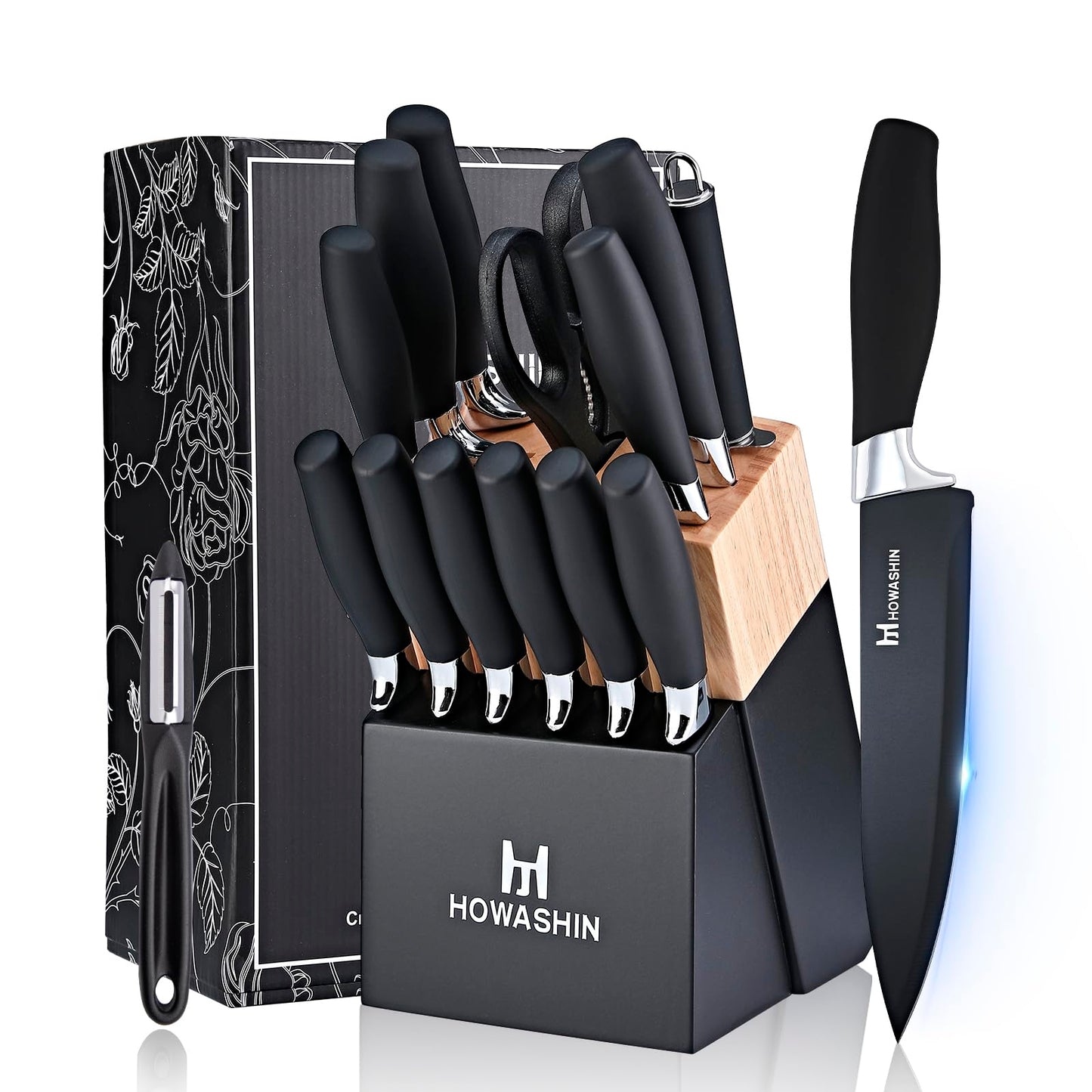 Black Knife Set, Howashin 15 Pieces Knife Sets for Kitchen with Block, Dishwasher Safe Kitchen Knife Set with Sharpener, German Stainless Steel Black Knife Block Set