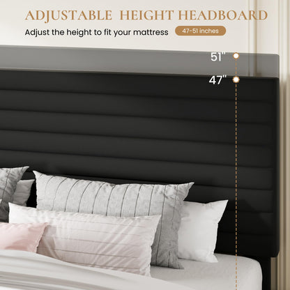 SHA CERLIN King Size Platform Bed Frame with Adjustable Headboard, Velvet Upholstered Bed with Under-Bed Storage, Modern Horizontal Channel Tufted, Wood Slats Support, No Box Spring Needed, Black