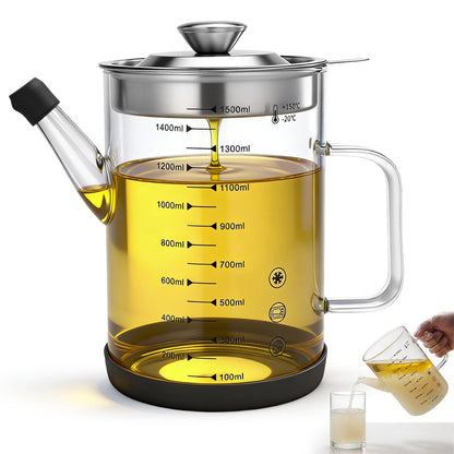 Didaey 6.25 Cups / 1.5L Glass Fat Separator Bacon Oil Container with Strainer 50 oz Separator for Kitchen Cooking Grease Strainer Frying Oil Storage Can Transparent Silicone Bottom and Stopper
