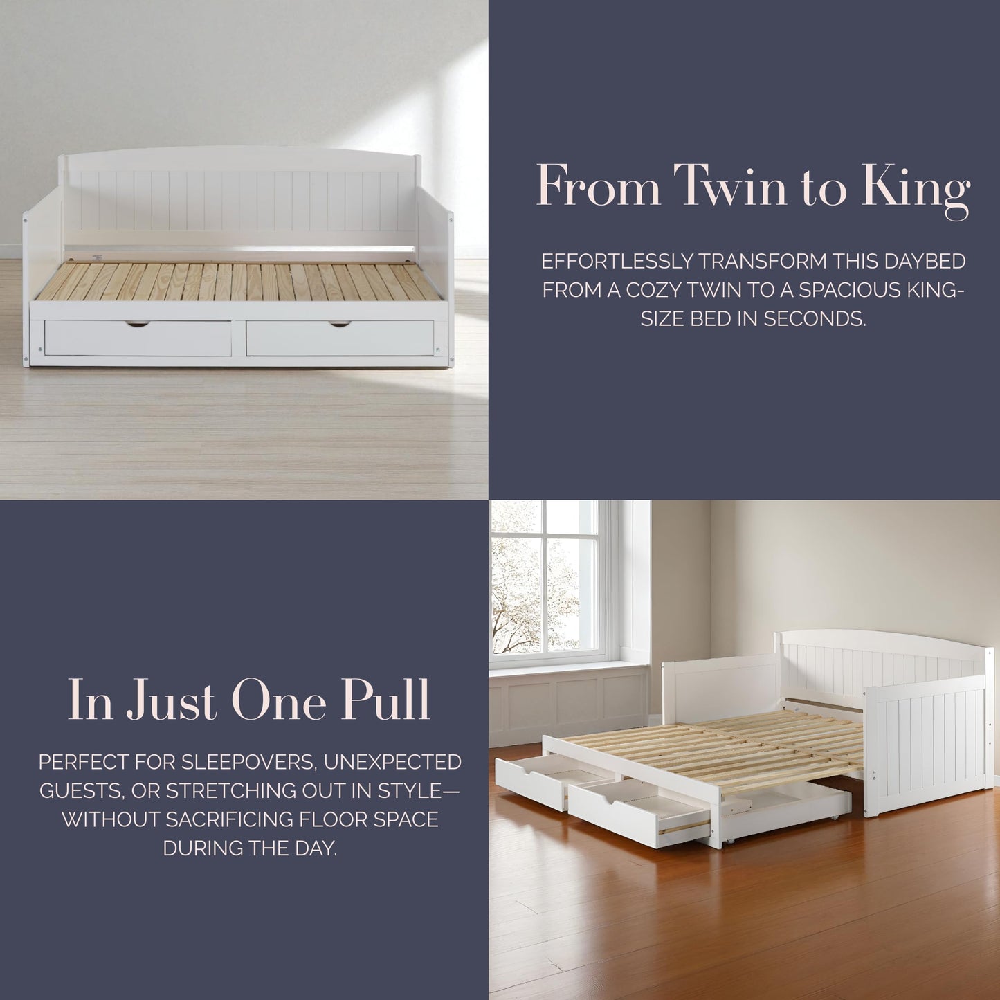 Alaterre Furniture Harmony Twin to King Daybed with Pop Up Trundle Bed - Solid Wood Twin Day Bed with 2 Pull-Out Storage Drawers and 400lb Capacity - For Kids, Guest Room, Living Room (White)