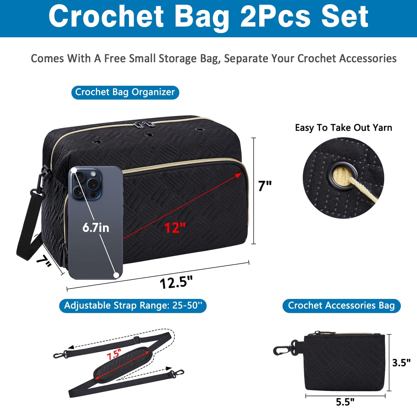 IBFUN Crochet Yarn Knitting Bag 2 Pcs Yarn Storage Organizer Crocheting Bags for Beginners with Shoulder Strap for Knit Accessories Needles Hooks
