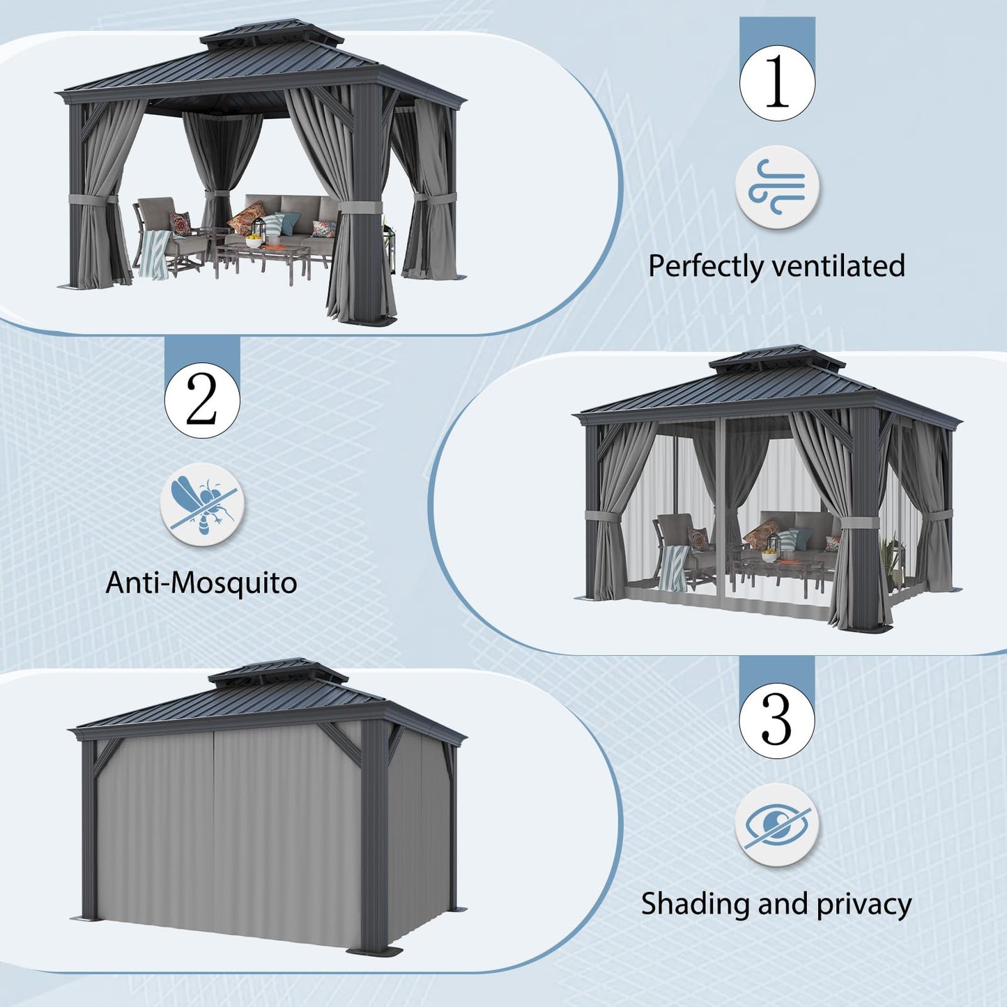 Aoxun 10' x 12' Permanent Hardtop Gazebo with Galvanized Steel Double Roof and Aluminum Frames Outdoor Large Pavilion Gazebo for Patio Deck Garden, Nettings and Curtains Included, Gray
