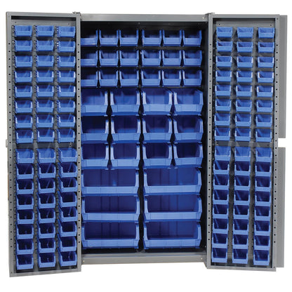 Global Industrial Deep Door Bin Cabinet, Includes 132 Blue Plastic Bins, Padlockable Steel Cabinet, 38" W x 24" D x 72" H, for Tool and Parts Storage, Assembly Required