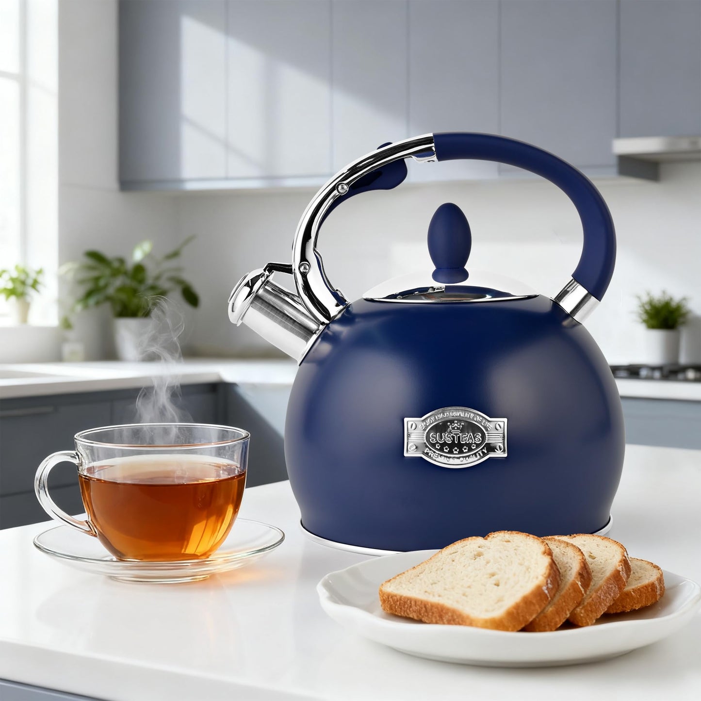 SUSTEAS Stove Top Whistling Tea Kettle - Food Grade Stainless Steel Teakettle Teapot with Cool Touch Ergonomic Handle, With 1 Silicone Pinch Mitt Included, 2.64 Quart,NAVY BLUE
