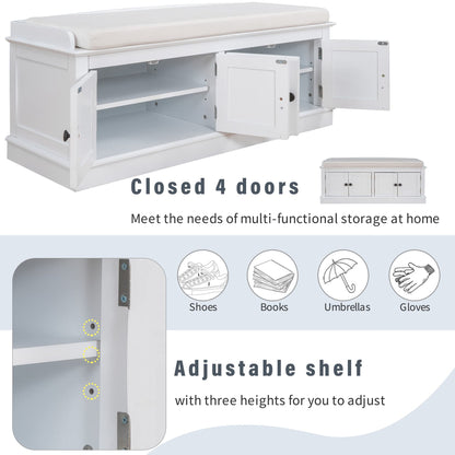 GDFStudio Jasd Storage Bench with 4 Doors and Adjustable Shelves, Removable Cushion Bench Ottoman, Solid Wood Frame Storage Ottoman, Rectangular Cabinet with Seating for Living Room Entryway, White