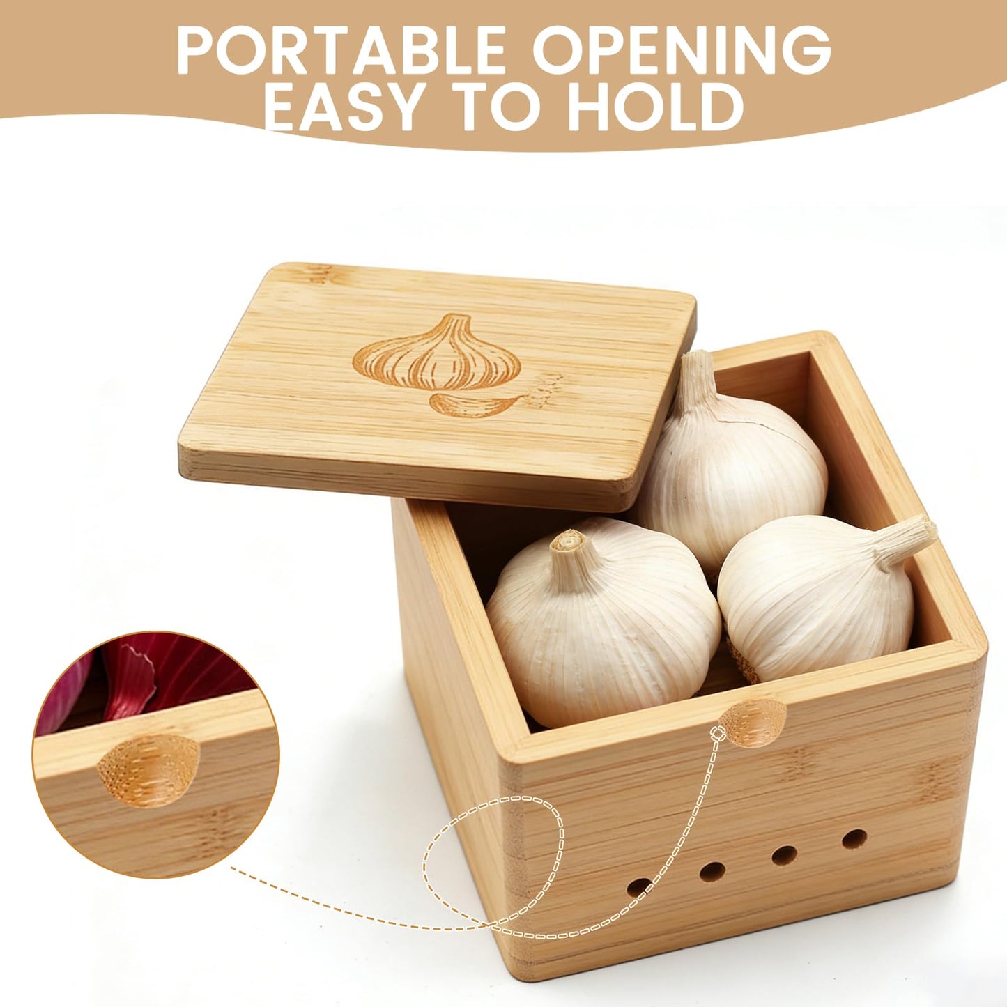 OYPGUE Bamboo Garlic Keeper for Counter, Large Garlic Holder Storage with Lid 4.72 x 4.72 x 4.72inch Rustic Garlic Jar Container to Keep Your Garlic Cloves Fresh Longer (Bamboo)