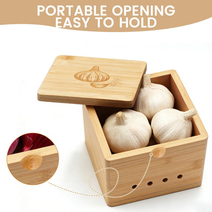 OYPGUE Bamboo Garlic Keeper for Counter, Large Garlic Holder Storage with Lid 4.72 x 4.72 x 4.72inch Rustic Garlic Jar Container to Keep Your Garlic Cloves Fresh Longer (Bamboo)