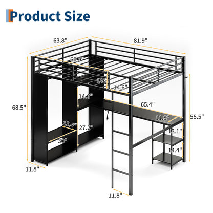 GarveeHome Queen Loft Bed with L-Shaped Desk and Storage Shelves, Queen Size Loft Bed Frame with Wardrobe, Hanging Rod, Guardrail and Ladder, Adults-Loft Beds Nosie-Free