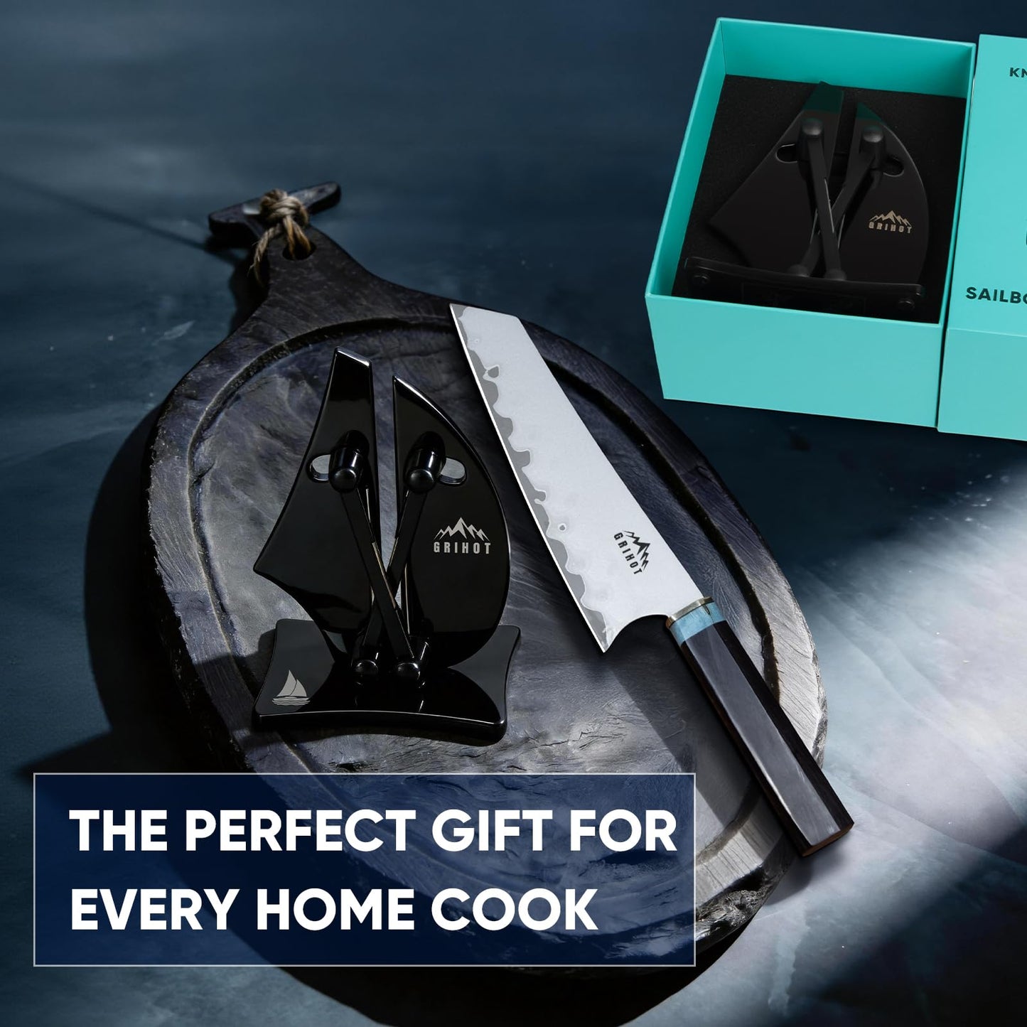 Grihot VN3 Professional Knife Sharpener | 3-Action Streamlined Sailboat Design for Effortless Knife Sharpening - The Ultimate Tool for Precision 11 to 21 Degree Angles (Obsidian Color)