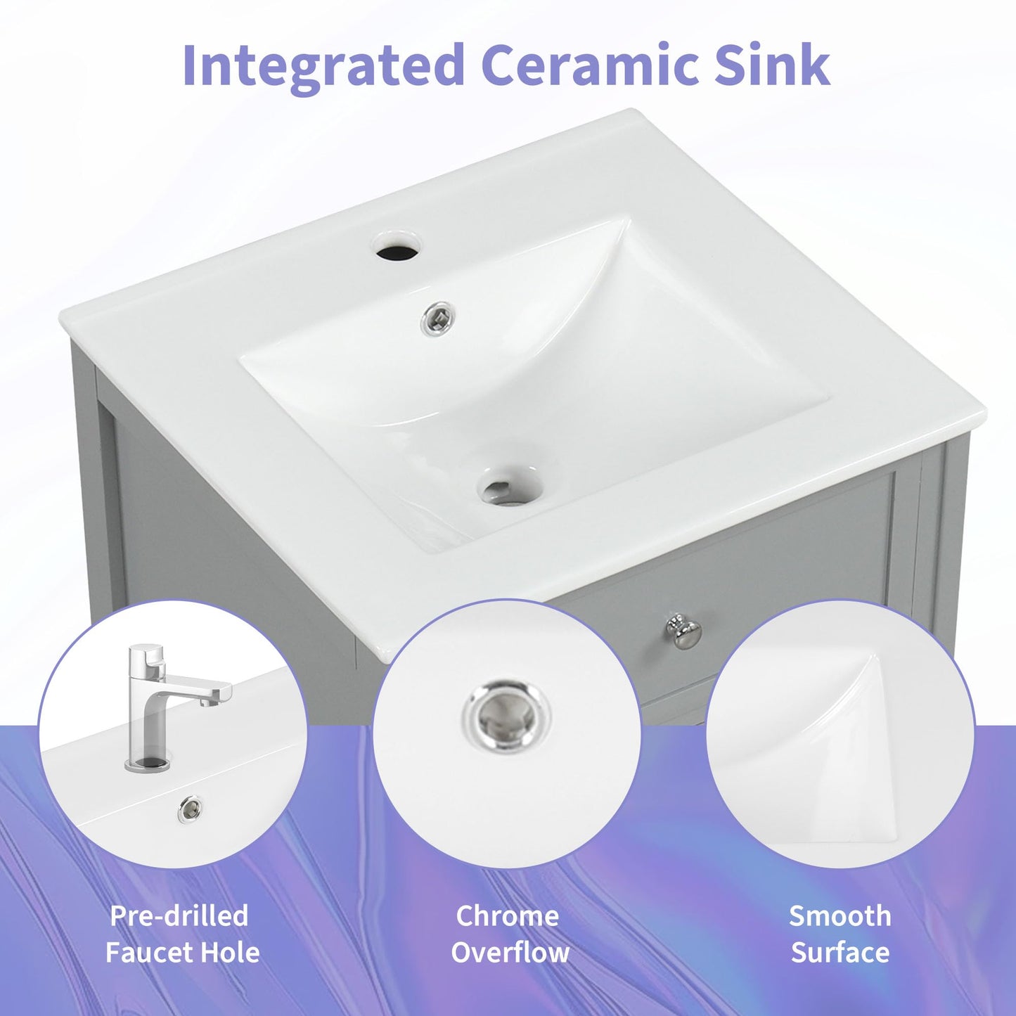 Favfurish 20" Bathroom Vanity with Ceramic Sink, Undermount Single Basin Bath Vanity Set w/Soft-Close Door and Storage Rack & Adjustable Shelf, Modern Freestanding Cabinet for Small Space, Grey