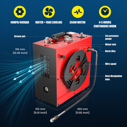 GX PUMP GX-E-CS4 Portable PCP Air Compressor, 350W Powerful Motor,Max 5800Psi/40Mpa, Water and Fan Cooling, 5 Hours Continous Work, 12V Auto Stop Paintball Air Compressor