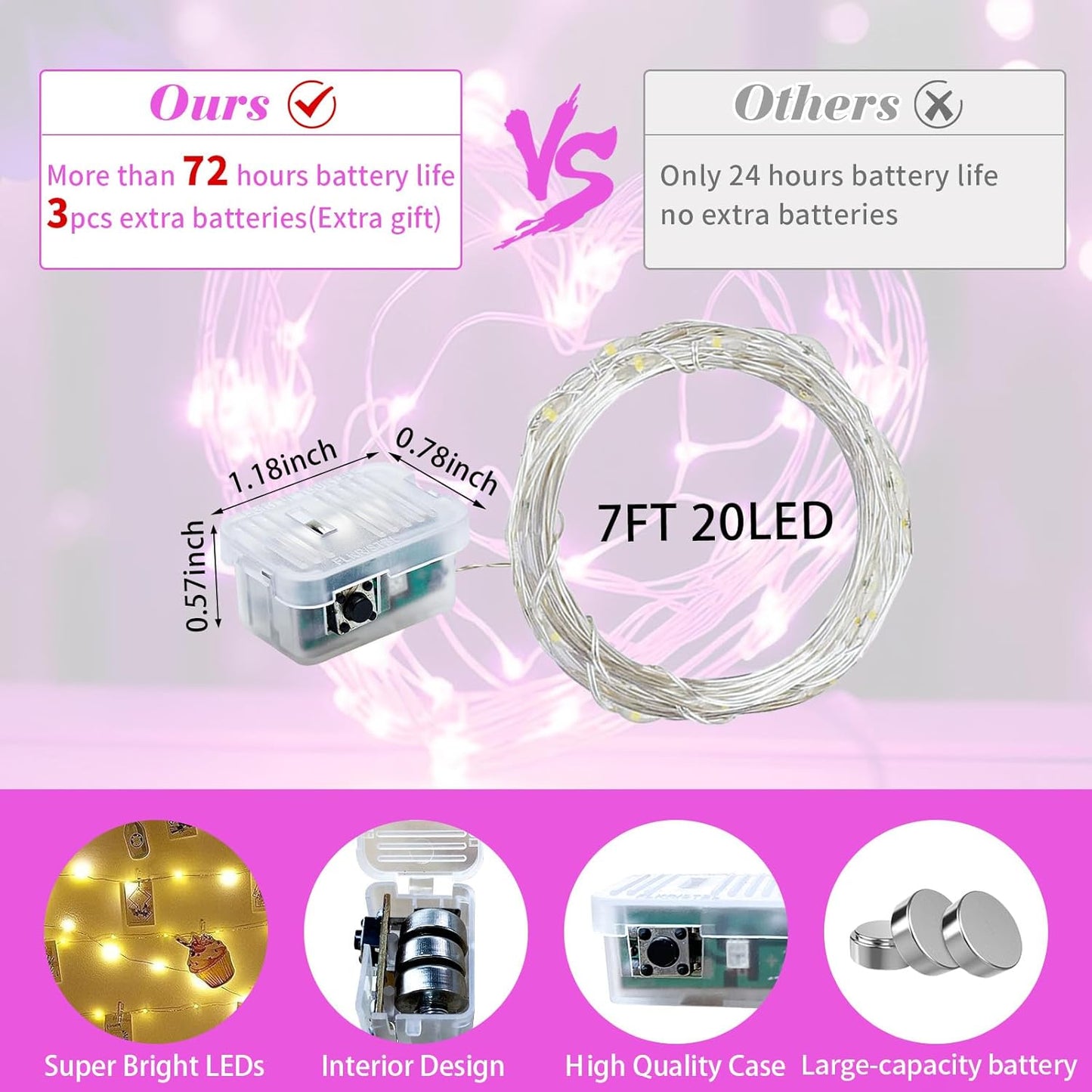 Skiennix 20 LED Pink Fairy Lights - 7Ft Twinkle String Lights | Battery Operated & Waterproof for Parties, Weddings, Christmas, Valentine's Day Centerpieces