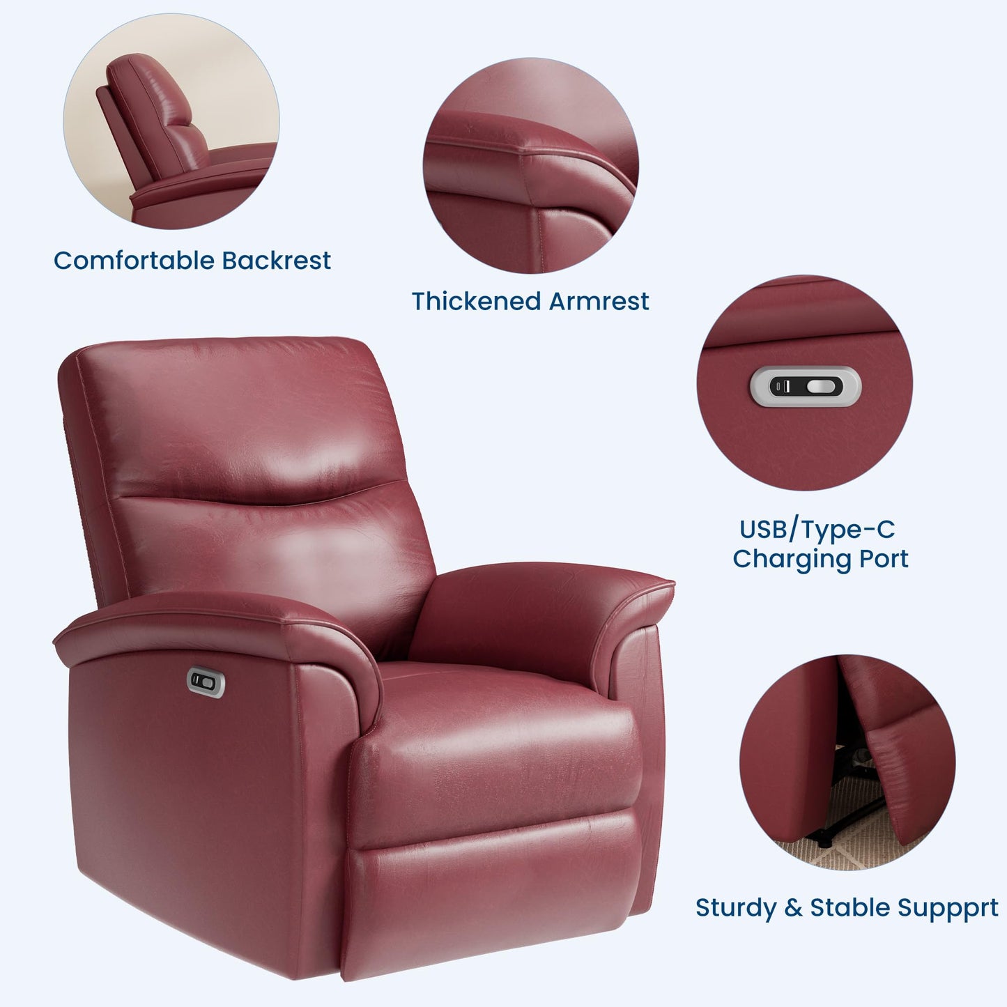 Garvee Power Swivel Recliner Chair, PU Leather Electric Reclining Armchair with Free Position, 270 Degree Swivel, 38.6 in Wide Seat, 350 Lb Capacity, Single Sofa for Living Room Bedroom, Dark Red