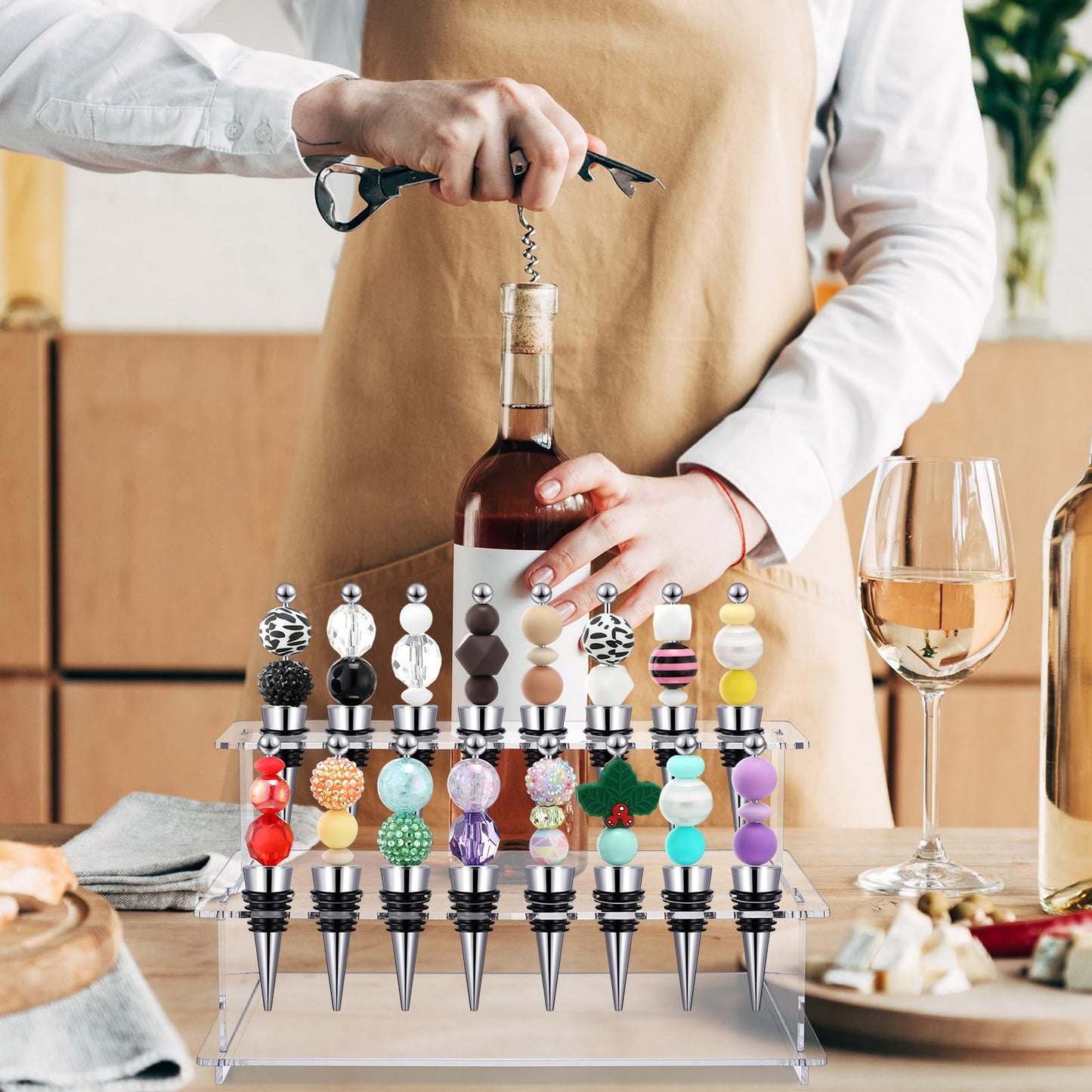 Menkxi 2 Pcs Wine Bottle Stopper Display Stairs 16 Slot Clear Acrylic 2 Tier Riser Wine Stopper Holder Wine Stopper Display Stand Rack for Countertop, 9.45''L x 4.72''H x 3.94''W