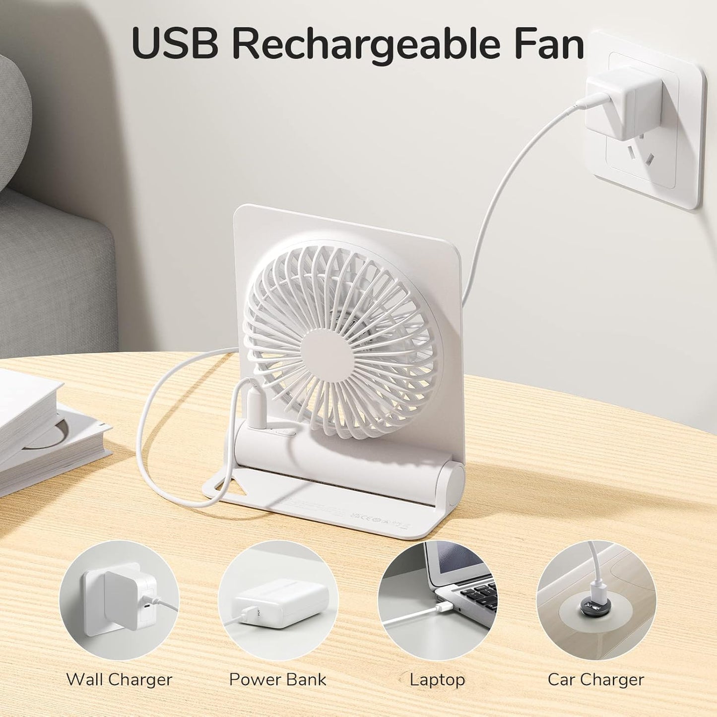 JISULIFE Small Desk Fan, Portable USB Rechargeable Fan, 160° Tilt Folding Personal Mini Fan with 2000mAh Battery, Ultra