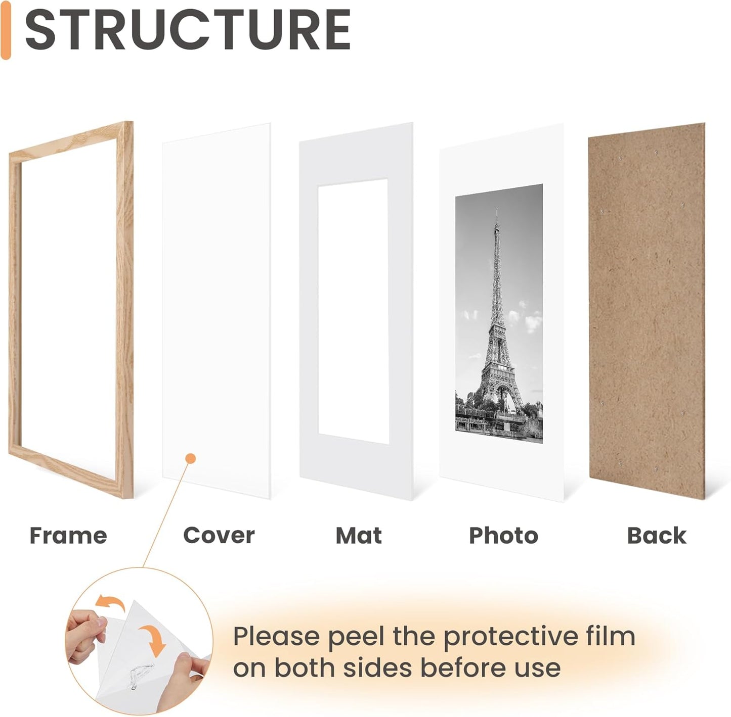 Upsimples 8x10 Picture Frame Set of 5 - Versatile Wall Gallery Frames for 5x7 or 8x10 Photos - Natural Finish
