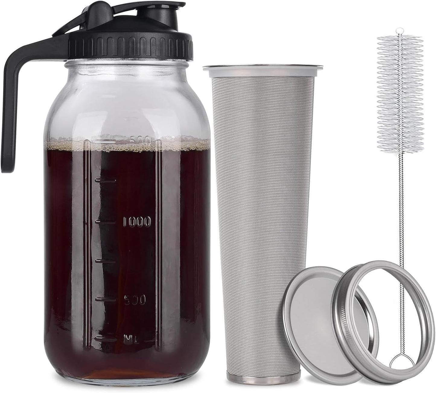 Cold Brew Mason Jar Iced Coffee Maker, 64 oz Durable Glass, Stainless Steel Filter for Iced Brew Coffee