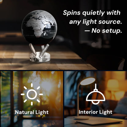 MOVA Globe - Jet Black and Silver Prestige (8.5") | Solar-Powered Rotating Desk Globe with Minimalist Map Design | No Batteries or Cords | Modern Decor Gift