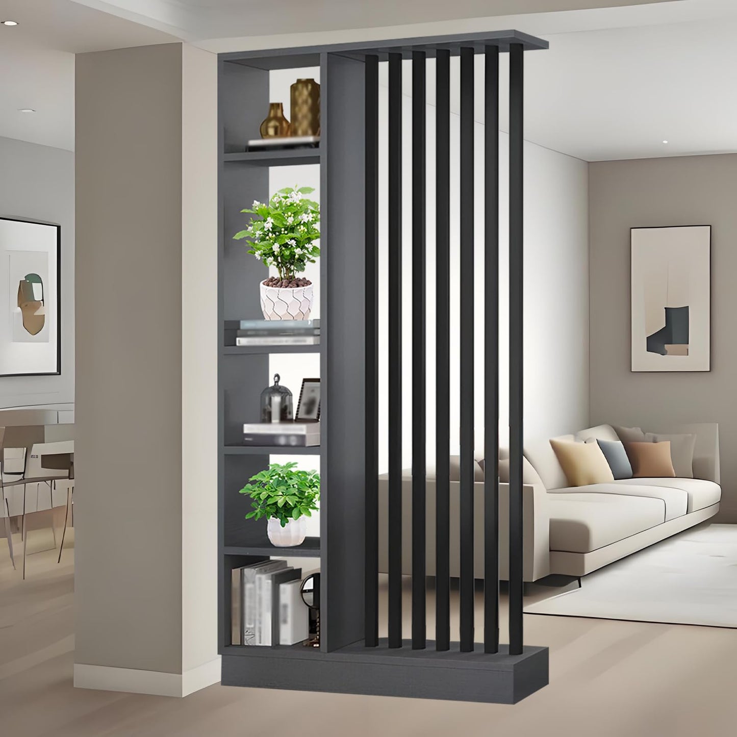 Wall Room Divider with Shelves, Entrance Hall Partition Screen Column Floor to Ceiling - Freestanding Room Divider with Storage Shelf, Freestanding Decor for Bedroom (A Gray + Black, 39.4in / 100cm)