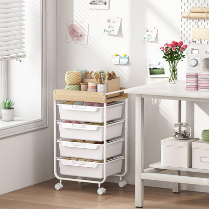 SYKIARIOL Rolling Storage Utility Cart with 4 Drawers,Kids Craft Art Cart,Makeup Organizer and Storage with Wooden Tabletop,White