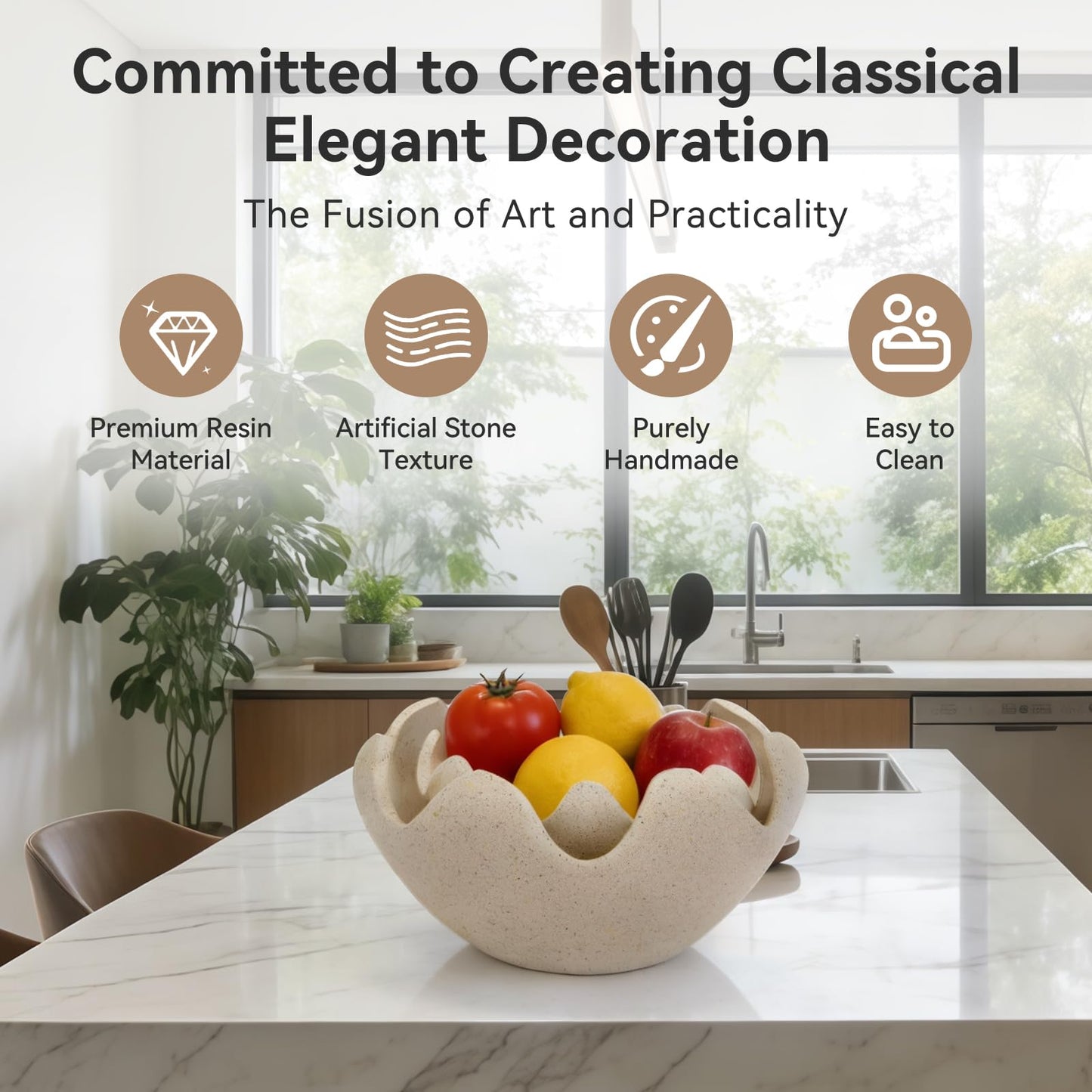 KEWOOL Wavy Decorative Bowl Home Decor - Set of 2 Modern Handmade Decorative Fruit Bowl for Kitchen Counter, Creative Centerpiece Decor for Entryway Table Coffee Table, Artificial Stone Beige