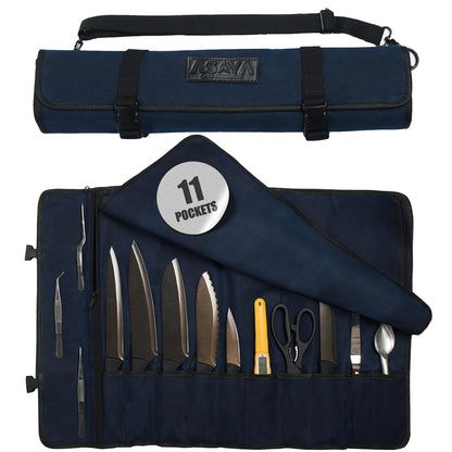 Asaya Waxed Canvas Chef Knife Roll Bag with 10 Slots and a Zipper Pocket - Professional Chef Knife Bag & Storage Case, with Shoulder Strap - Knives Not Included (Blue)