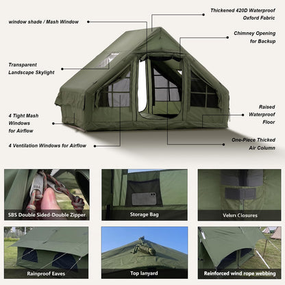 9.8' x 7' Inflatable Tents for Camping 4-6 Person, 4 Season Blow Up Tent with Waterproof & Anti-Moisture Tarp, Luxury Inflatable Hot Tent with Stove Jack for Camping Outdoors