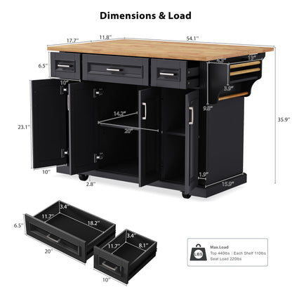 Ball & Cast Large Kitchen Island with Rubber Wood Drop Leaf,Embossed Texture Rolling Kitchen Cart On 4 Wheels W/4 Doors & 3 Drawers,Mobile Kitchen Islands W/ Storage for Kitchen,Dining Room,Black,54"