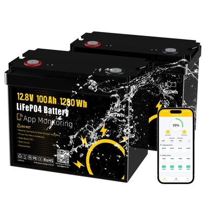 (2-Pack) 12V 100Ah LiFePO4 Marine Battery with Bluetooth APP, 1280Wh Deep Cycle Trolling Motor Battery, Built-in 100A BMS, 4000+ Deep Cycles, for Boat, RV & Off-Grid Solar System